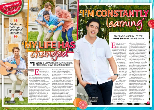 Magazine shot of Matt Evans and James Stewart from Home and Away, along with other members of the cast in different settings.