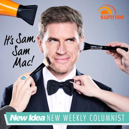 Close-up studio shot of a man in a suit and bow tie having makeup applied to his face, with sunrise logo in the upper right corner.