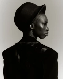 Black woman in profile wearing a dark cap and jacket against a neutral grey background