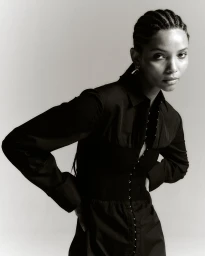 Black and white portrait of a woman with cornrows wearing a dark collared shirt against a light background.