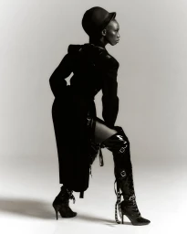 Black woman wearing a bowler hat, dark coat, and thigh-high patent leather boots against white studio backdrop