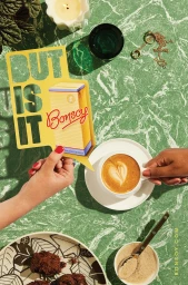 Overhead still life of coffee, pastries, and a Bonsoy speech bubble sign on green marble, styled by Jess Johnson