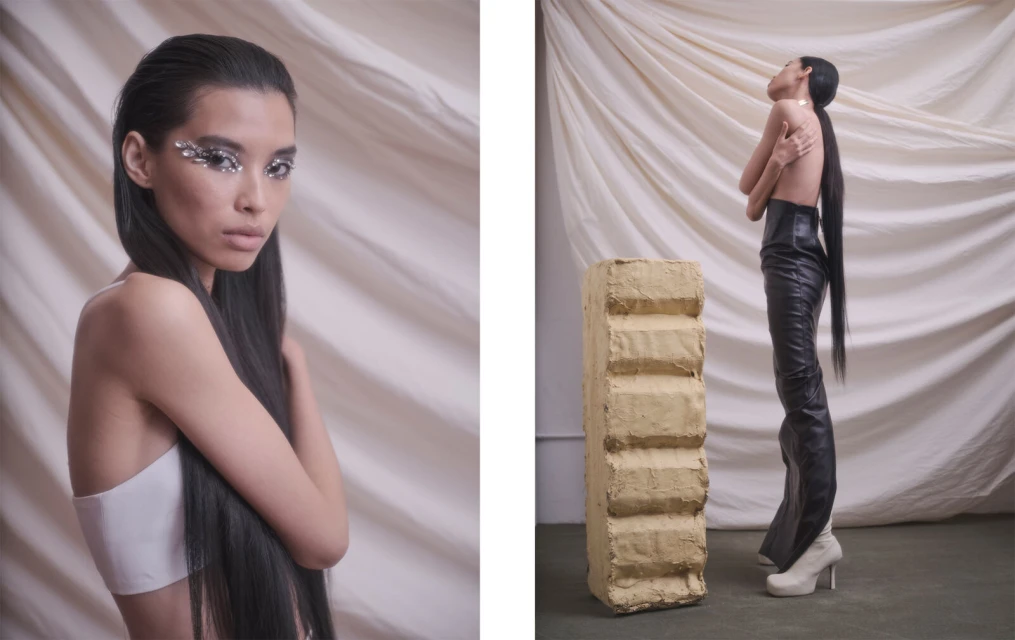 Two-panel shot: a woman with glittering eye makeup in a white top, and a woman in black leather next to a stone block.