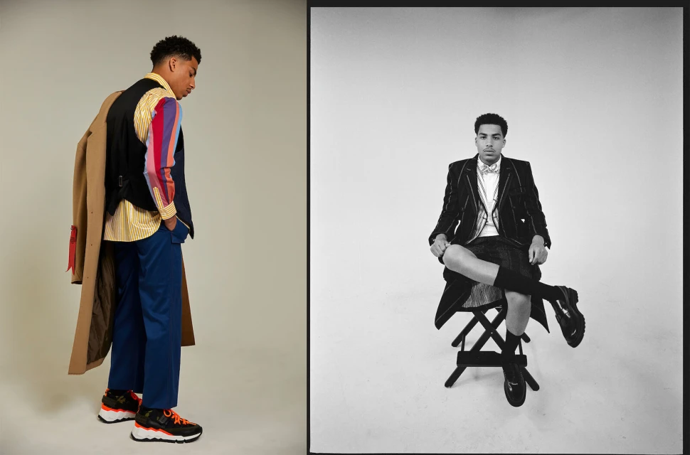 Two-panel studio portrait of a stylish young man in a blazer, trousers, colorful shirt, and sneakers, captured in a contrasted monochrome and color setting.