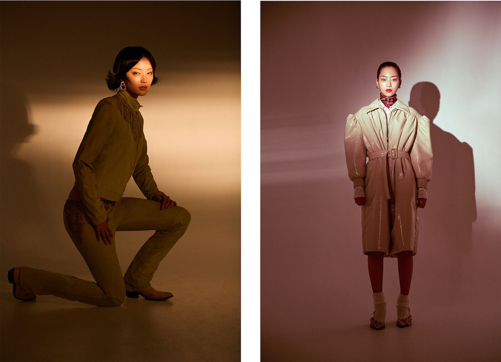 Two Asian women in neutral-toned outfits pose in a photo studio with neutral backgrounds and directional lighting.