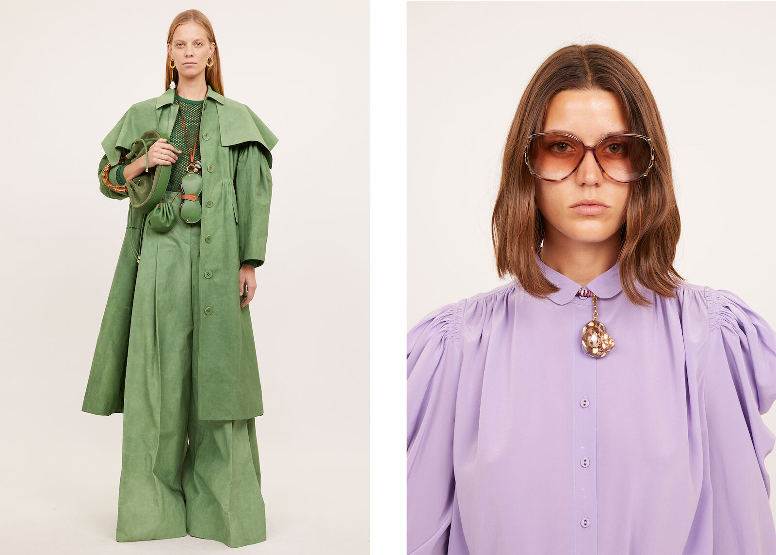 Two women in green and lilac fashion in a studio setting. The green coat is full-length, while the lilac shirt has puffy sleeves.