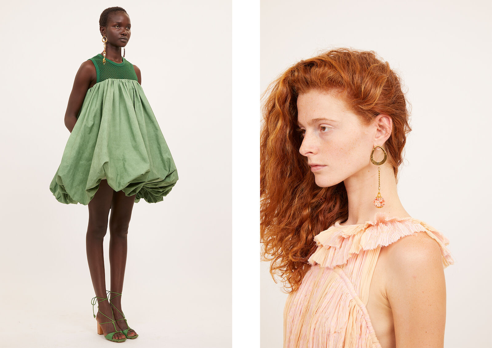 Two models wearing dresses and earrings in a studio setting. One has a green dress, the other a light pink dress.