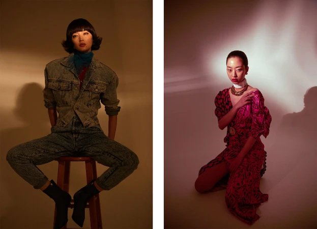 Diptych portrait of an Asian woman in denim jacket and jeans on left, and patterned pink dress on right.