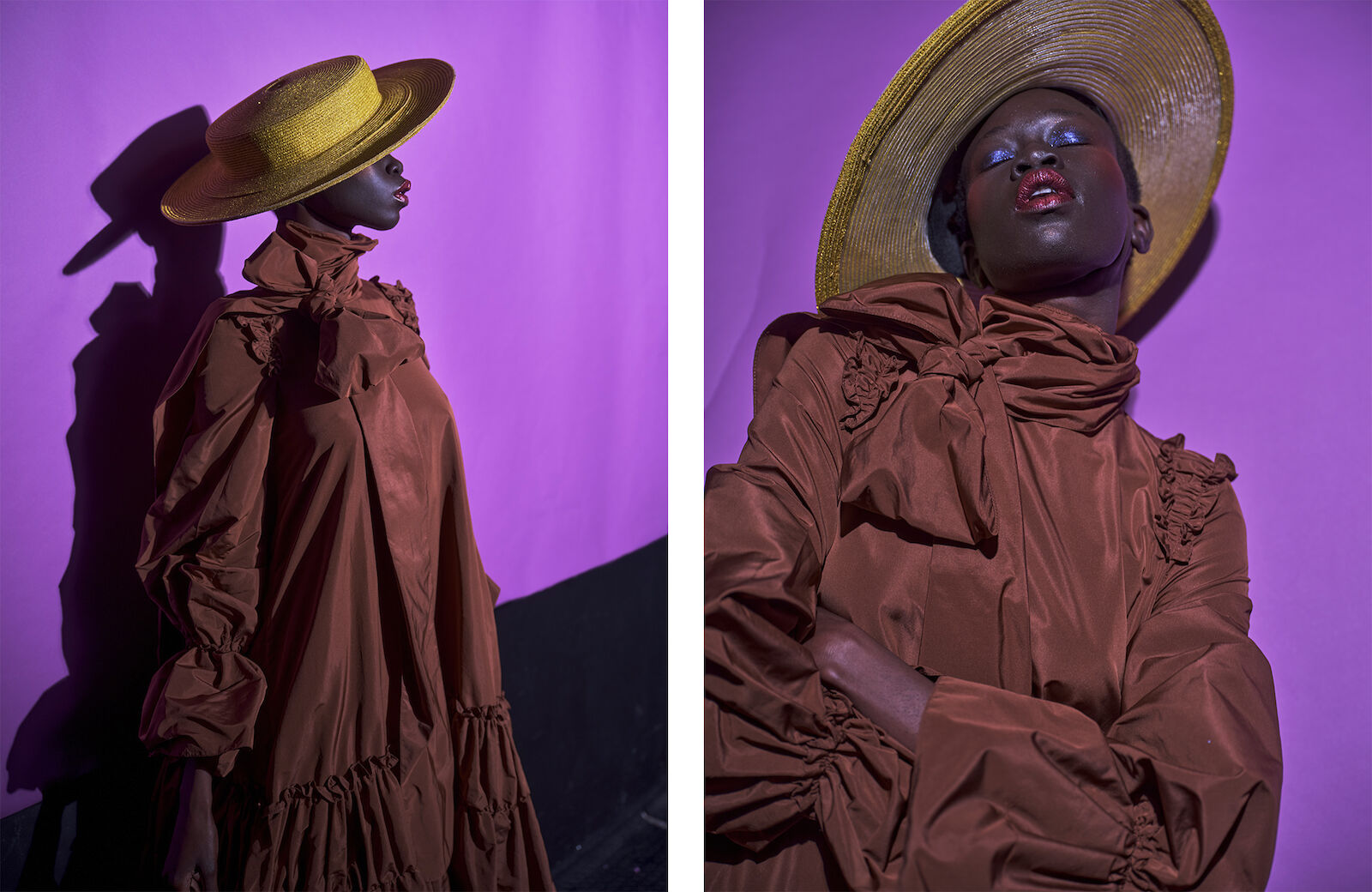 Model in brown high-collar dress and wide-brim yellow straw hat posing against purple background by Henry Lou
