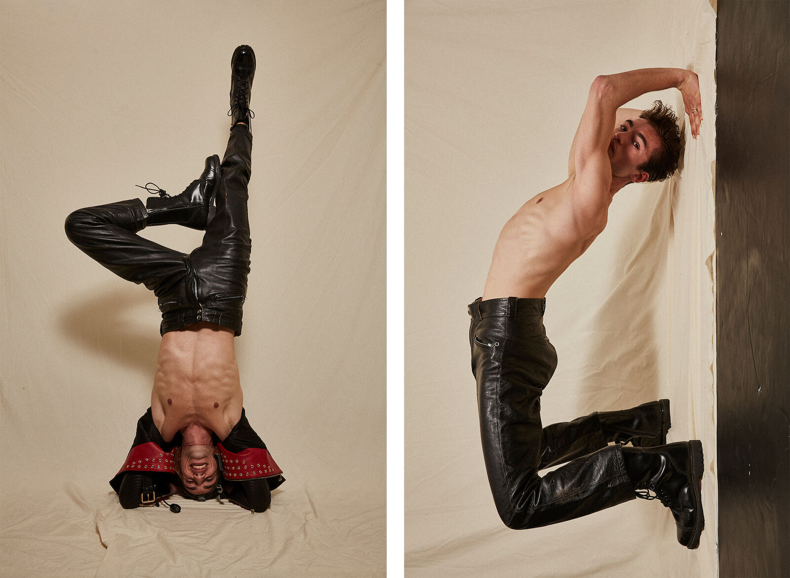Artistic dual portrait of a shirtless male fashion model in black leather pants and boots, performing a handstand and a backbend on white.