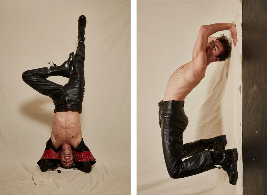 Artistic dual portrait of a shirtless male fashion model in black leather pants and boots, performing a handstand and a backbend on white.