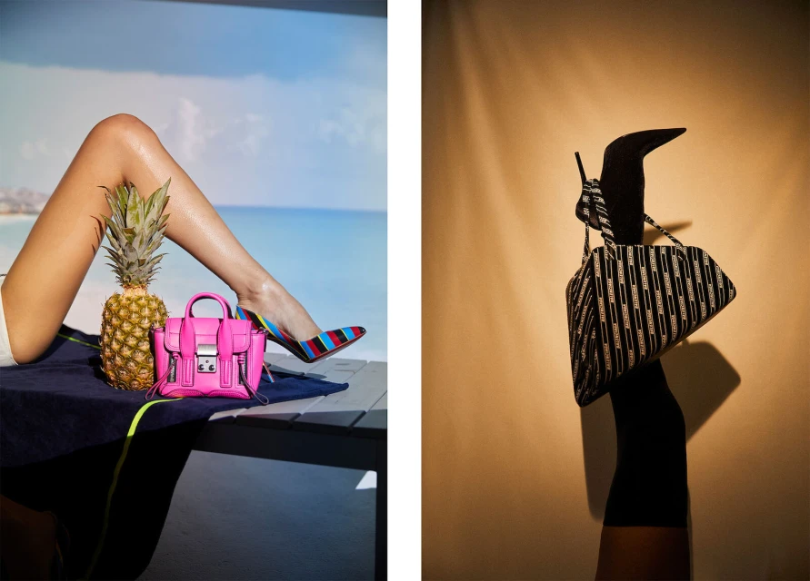 Fashion layout with legs, high heels, handbag, and pineapple against a blurred beach background and handbag against orange background.