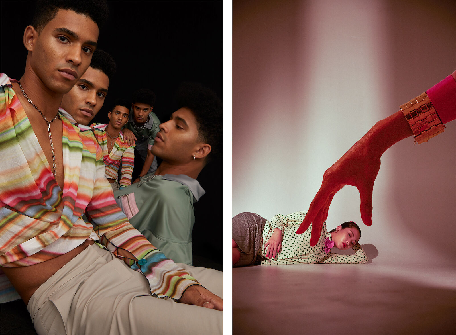 Fashion editorial featuring group of men wearing colorful shirts in a studio setting, with a separate shot of a woman in the same style.