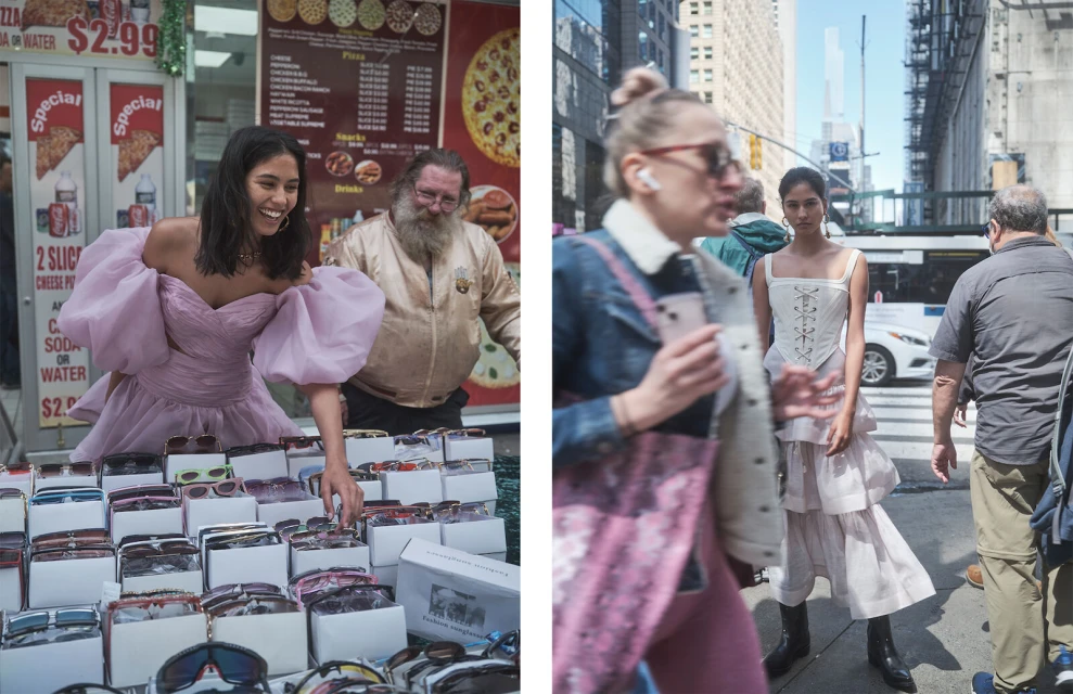 Two scenes show women in fashionable dresses; one is by a food stand, the other on a city street with blurred pedestrians.