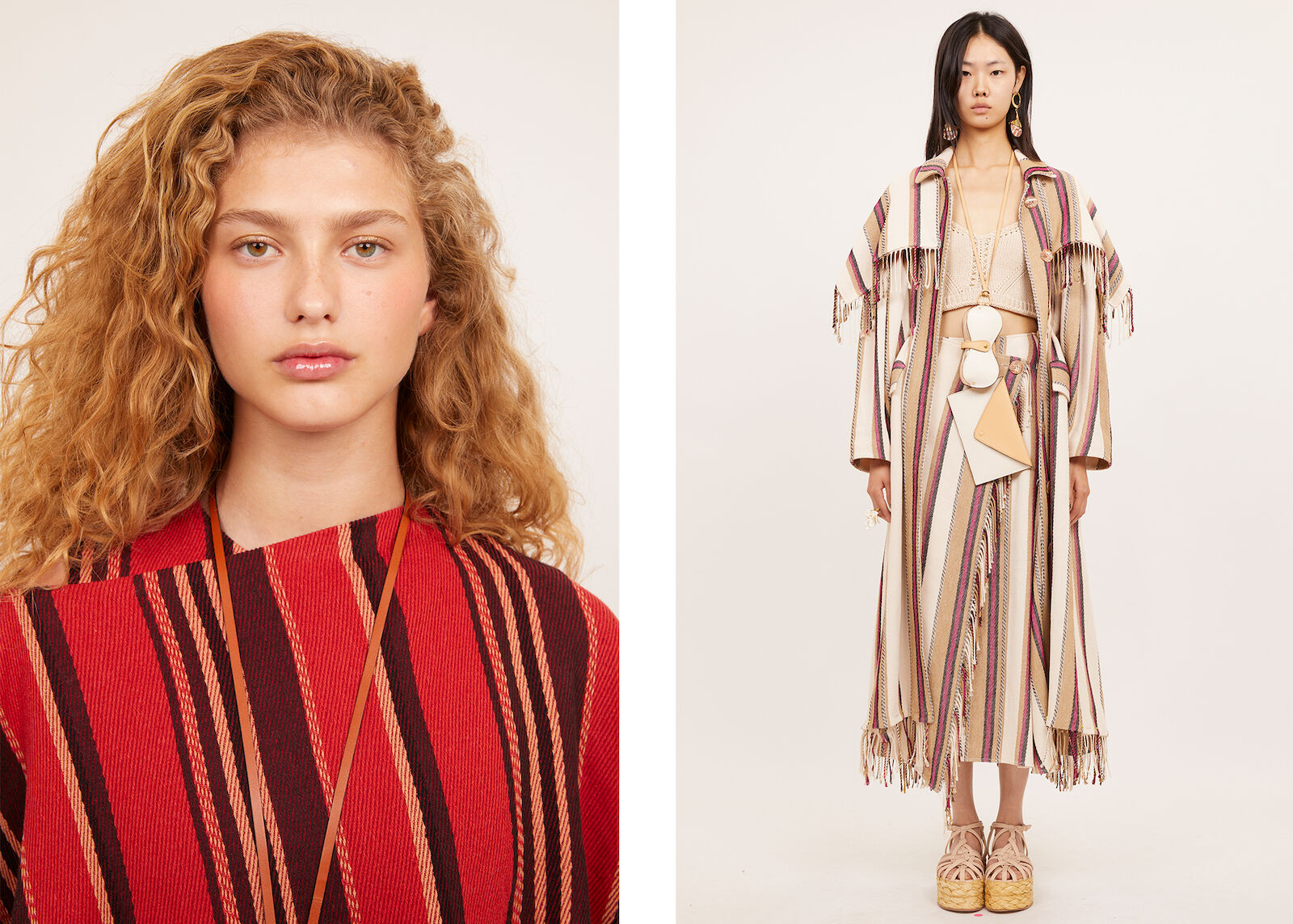 Two models wearing striped outfits in a studio setting, one in a red and brown top, the other in a beige striped coat and skirt.