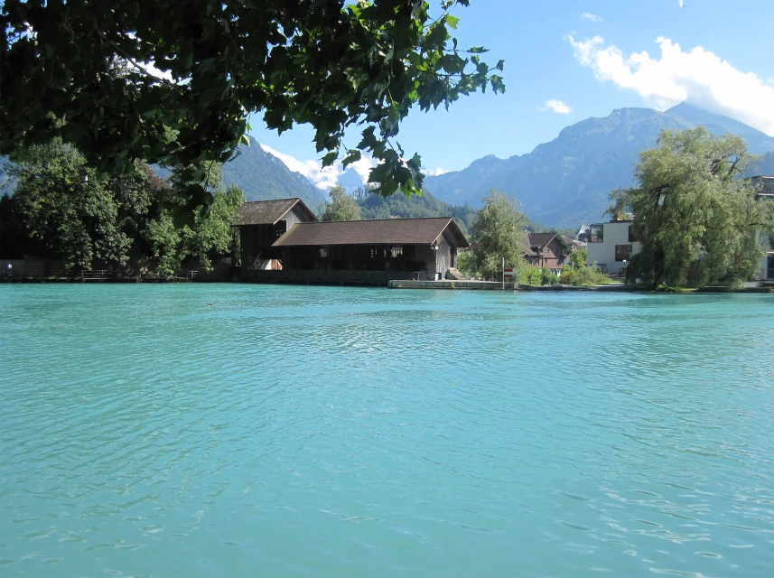 Scenic view of a turquoise lake surrounded by buildings and mountains, with tree branches framing the upper left corner.