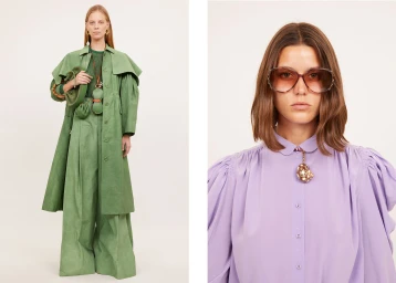 Two fashion portraits by Henry Lou showing a woman in a green coat and a woman in a purple blouse with sunglasses against a white background.