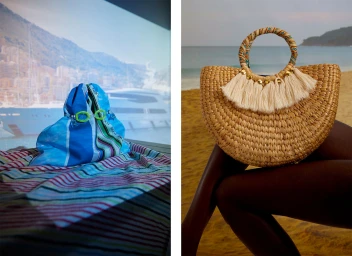 Diptych product photography by Henry Lou featuring a blue striped towel setup on the left and a woven straw bag on the right against a beach backdrop.