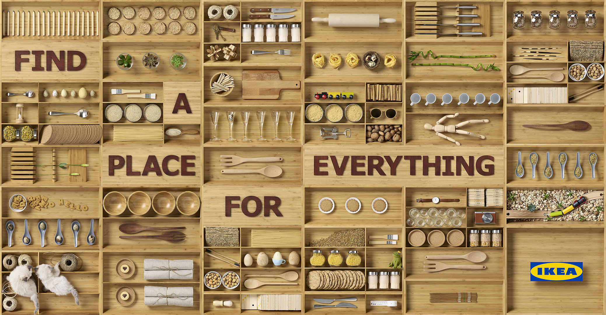 Overhead shot: wood shelving filled with kitchen and household objects with the IKEA logo visible. Rustic and warm color palette.