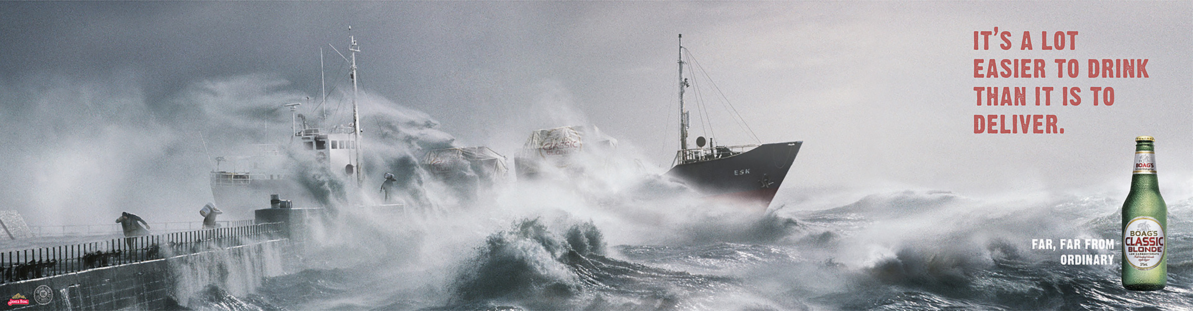 Commercial shot of stormy seas with ships battling waves, promoting Boag's Classic Blonde beer shown in the lower right corner.