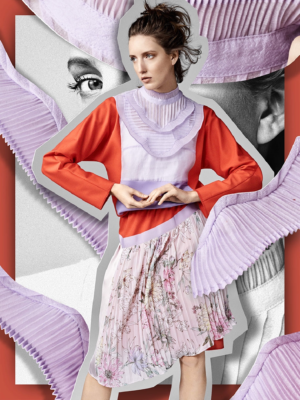 Collage featuring a young woman in a red top, floral skirt, and lavender accents, layered with graphic elements and monochromatic face images.