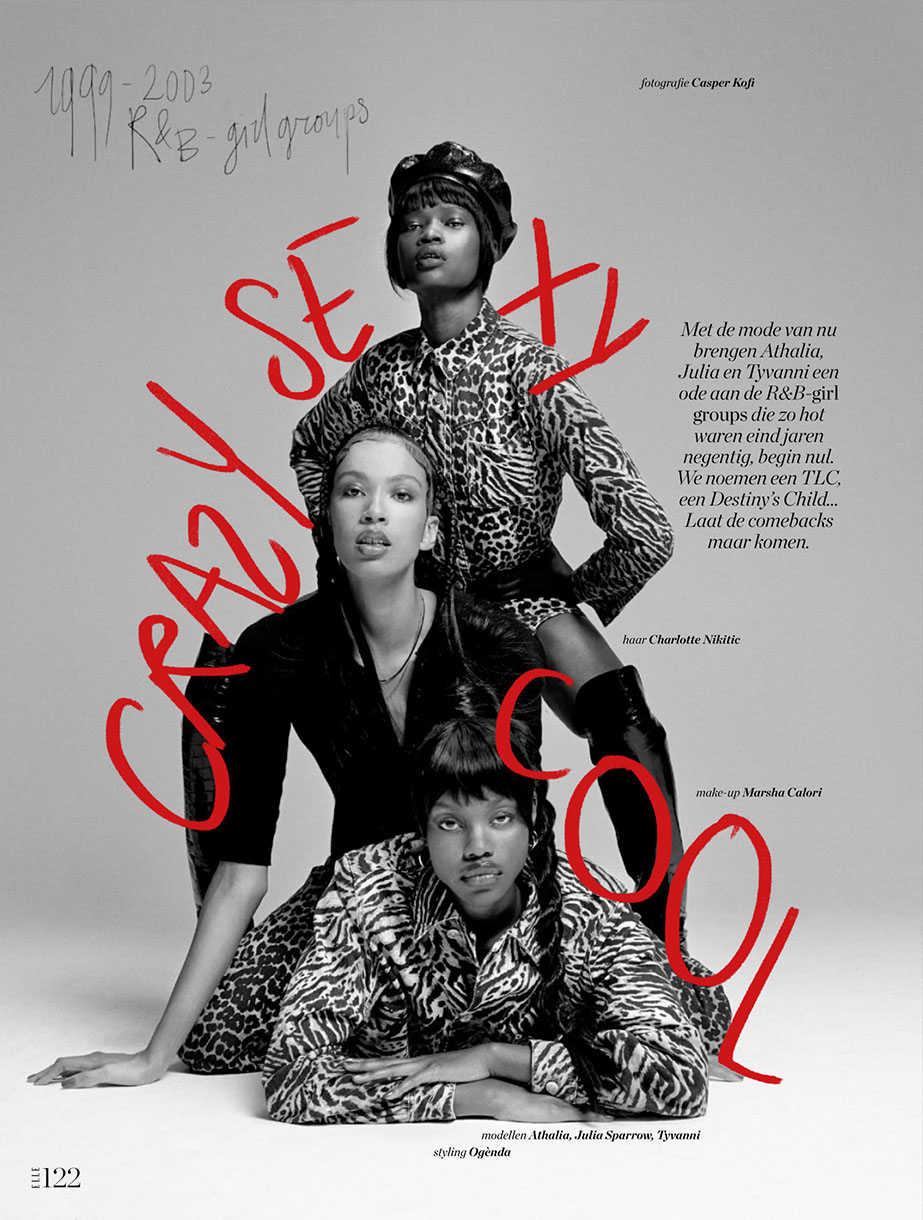 Fashion editorial shot of three adult female models in animal-print outfits stacked in a studio with grey backdrop and red, stylized text overlay.