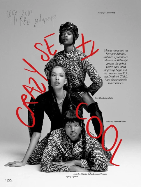 Fashion editorial shot of three adult female models in animal-print outfits stacked in a studio with grey backdrop and red, stylized text overlay.