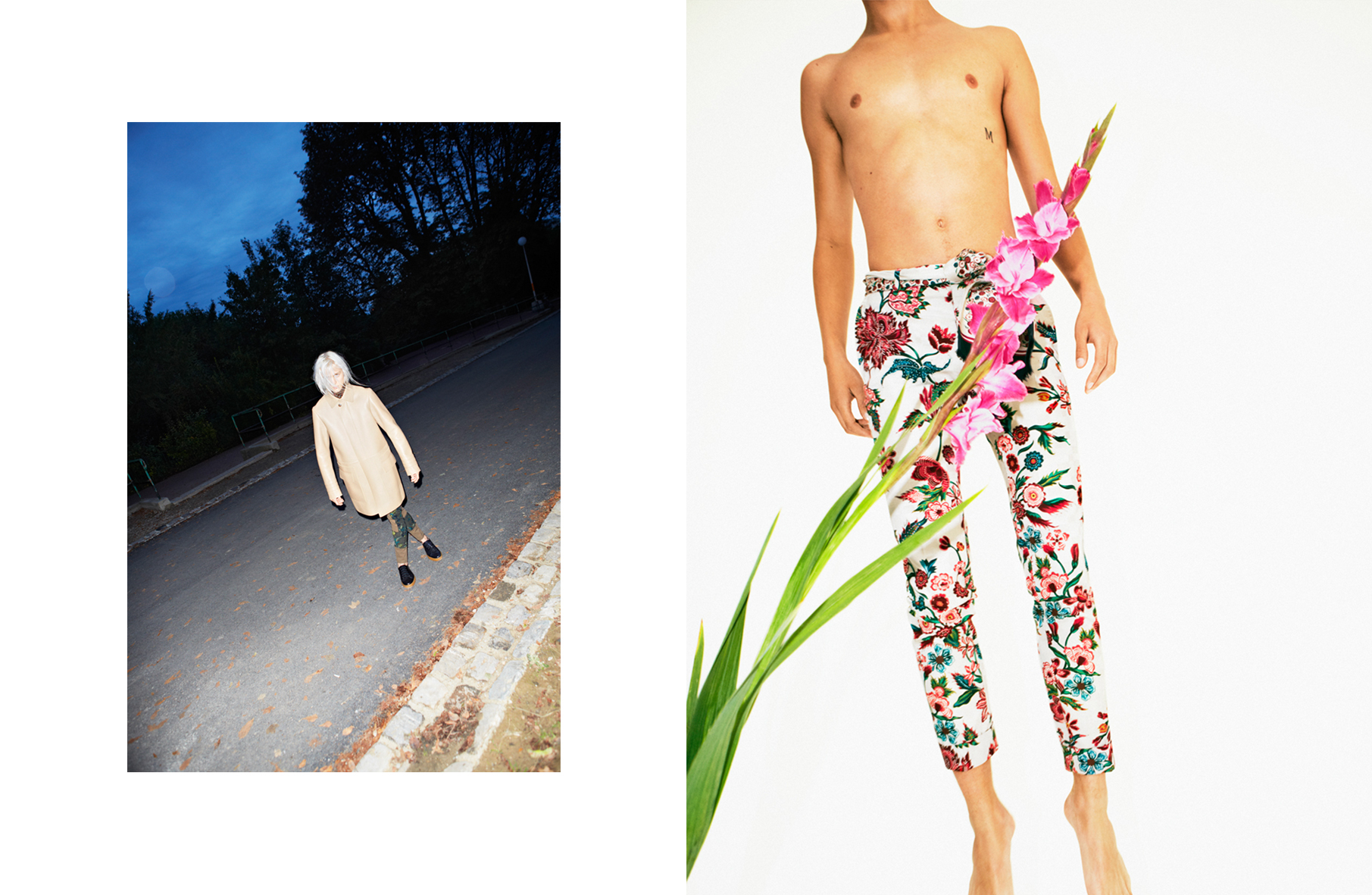 Two-panel image: woman on a road at dusk and bare-chested person in floral pants holding a flower against a white background.