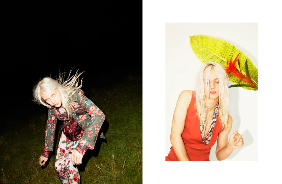 Fashionable model with white-blonde hair poses in a floral suit outdoors at night. A second model poses near a plant indoors.