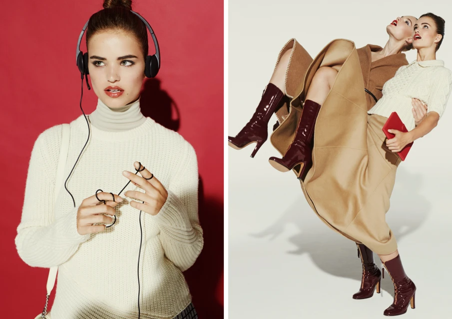 Two women model beige fashion, one with headphones against a red background, the other held aloft, wearing a skirt and maroon boots.