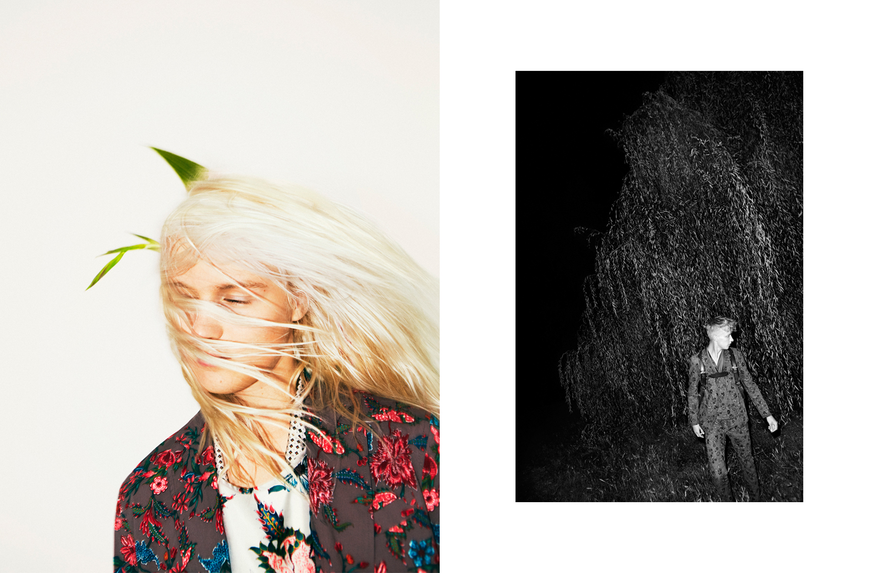Fashionable female with wind-blown blond hair and a green leaf accessory in a studio shot, alongside a dark monochromatic outdoor portrait.