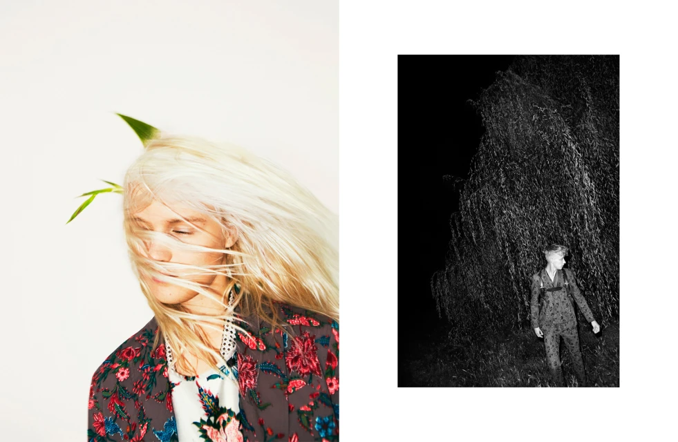 Fashionable female with wind-blown blond hair and a green leaf accessory in a studio shot, alongside a dark monochromatic outdoor portrait.