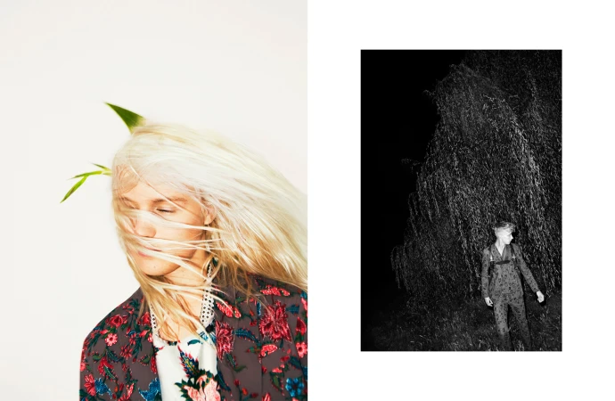 Fashionable female with wind-blown blond hair and a green leaf accessory in a studio shot, alongside a dark monochromatic outdoor portrait.