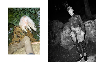 Two-panel fashion editorial featuring a blonde model in a textured sweater and a second model standing outdoors at night.