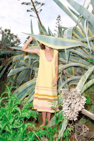 Woman in a yellow dress stands among agave plants in natural light. The setting features lush greenery and a bright sky.