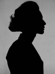 Silhouette profile portrait of a woman with her hair styled in an updo against a plain grey background