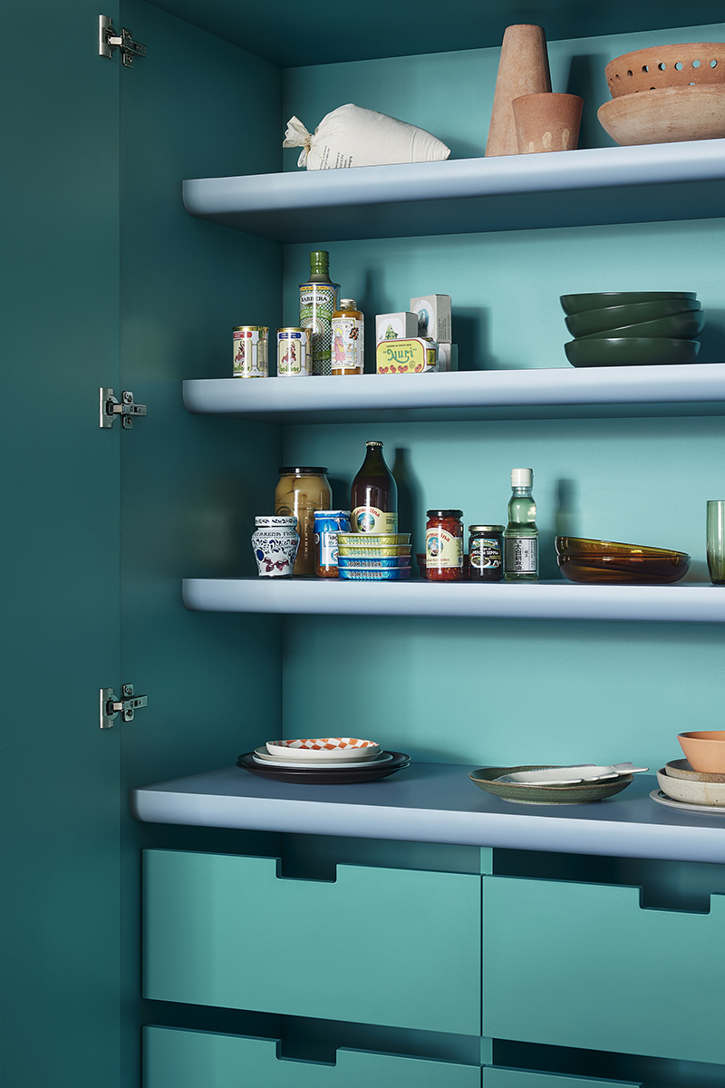 Interior shot of a teal-painted kitchen cabinet with light blue shelves, showcasing an array of colorful canned goods and dishware.