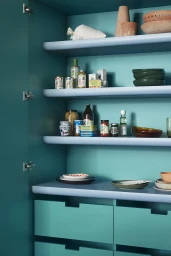 Teal kitchen pantry interior styled with ceramic bowls, glass bottles, and jars on light blue shelves.