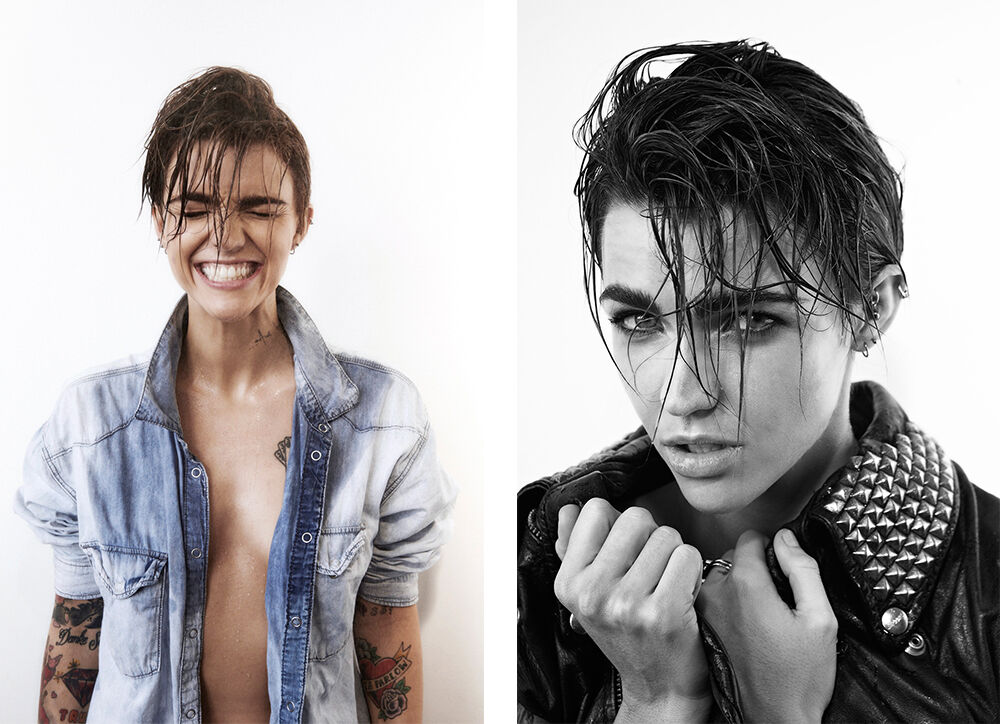 Studio diptych of Ruby Rose. Left: Smiling with an open denim shirt. Right: B/W portrait with a studded leather jacket.