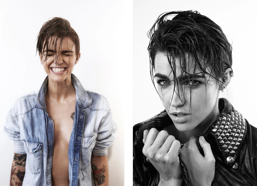 Studio diptych of Ruby Rose. Left: Smiling with an open denim shirt. Right: B/W portrait with a studded leather jacket.