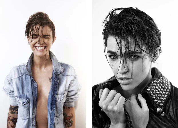 Studio diptych of Ruby Rose. Left: Smiling with an open denim shirt. Right: B/W portrait with a studded leather jacket.