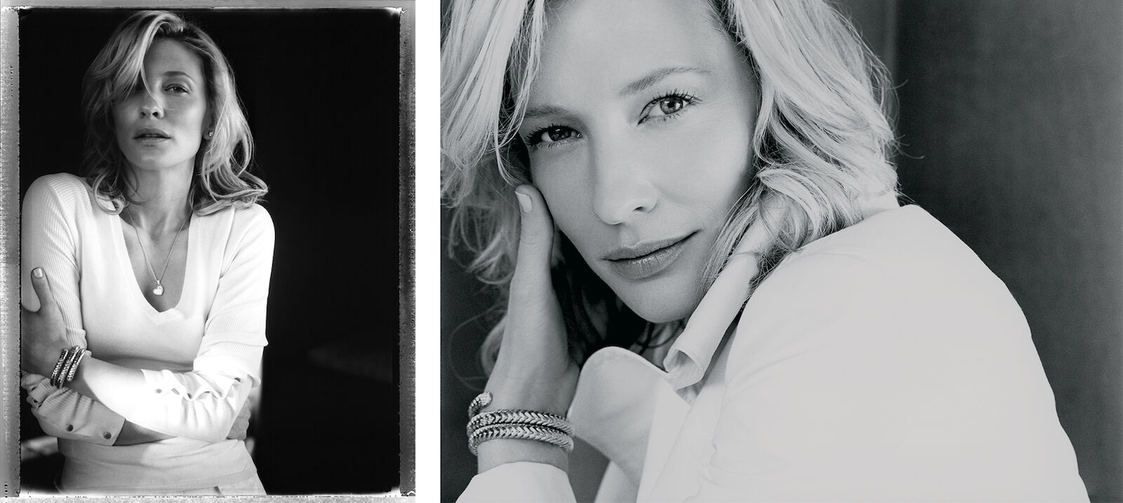 Black and white portrait of Cate Blanchett, featuring her in a light-colored top and bracelets, set against a dark backdrop.