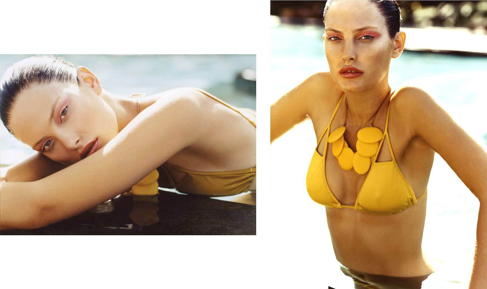 A tanned woman in a yellow bikini and necklace poses in water. A head-and-shoulder crop offers a second angle of the same scene.