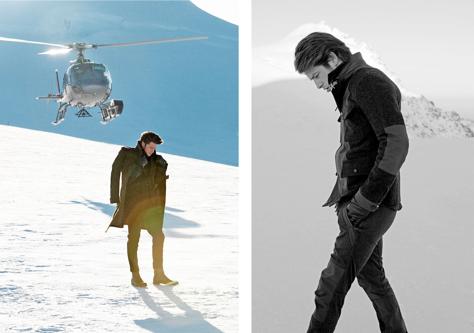 A man in a long dark coat stands in a snowy mountain landscape with a helicopter visible. Another view shows him in a gray jacket.