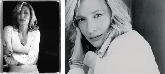 Black and white portrait of Cate Blanchett wearing a white top and stacked bracelets, photographed by Carlotta Moye.