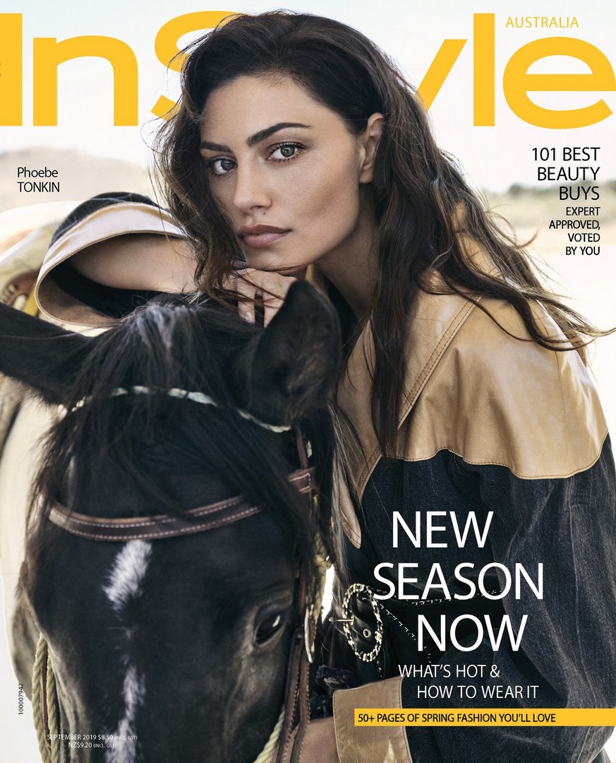 InStyle Australia magazine cover featuring Phoebe Tonkin and a horse, promoting beauty buys and spring fashion, with a desert backdrop.