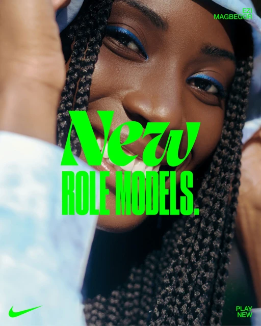Close-up of a smiling Black woman with braided hair, wearing blue eyeshadow. Green text reads 'New Role Models'. Nike logo is visible.