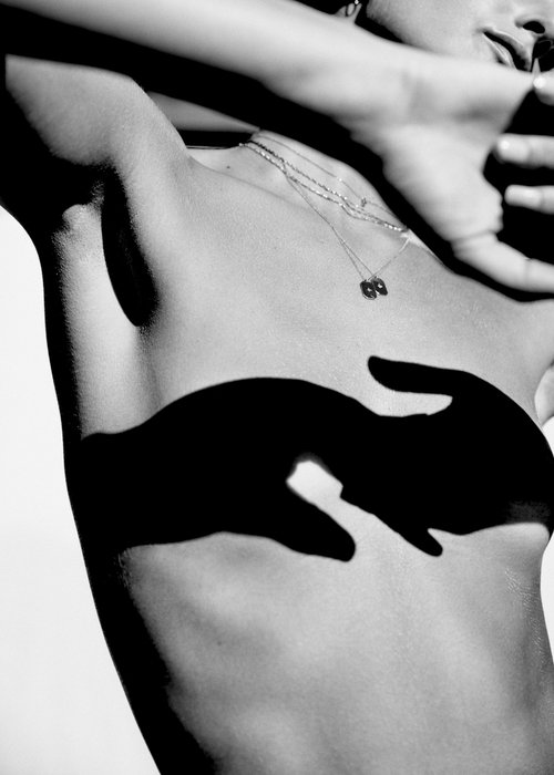 Black-and-white portrait of a fair-skinned female torso with hands casting shadows, adorned with a delicate necklace, against a light backdrop.