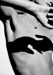 Close-up monochrome portrait of a woman wearing layered necklaces with harsh shadows cast across her body by hands.