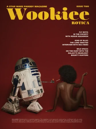 Magazine cover of Wookiee Rotica featuring a robot and nude person smoking against a red background with yellow text on the cover.